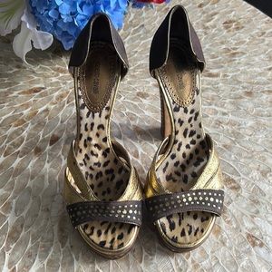Roberto Cavalli Metallic Gold and Brown Leather Platform Heels, Size 37.5